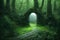 Path to alternative dimension in dense green misty enchanted forest. Portal to netherworld with growing tree plants and