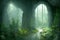 Path to alternative dimension in dense green misty enchanted forest. Portal to netherworld with growing tree plants