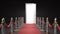 Path to fame concept red carpet leading to the open door 3d render on darck background