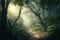 Path Trail on a luxuriant tropical Jungle forest with beautiful morning lighting. Forest trail in the Jungle. Ai generated