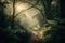 Path Trail on a luxuriant tropical Jungle forest with beautiful morning lighting. Forest trail in the Jungle. Ai generated