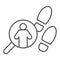 Pathfinder magnifier thin line icon. Footprint and searching, inspecting crime tracks. Jurisprudence design concept