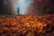 Pathway in autumn forest. Runner in misty morning nature