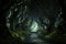 Pathway through a dark and moody forest. Digital illustration of an enchanted wood at night. Spooky Halloween background