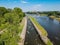 Pathway for kayakers training in river Vltava Moldau in Prague - Troja