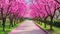 A pathway leading through a park adorned with a row of vibrant pink trees, An elegant alley of plum trees in full bloom within a