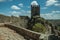 Pathway over wall and tower from keep in a castle