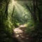 pathway path tree landscape leaf summer wood nature forest green. Generative AI.