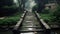 A pathway or stairs to the upper village, a bench for sitting and green nature wild bush and tree in the right or left