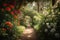 pathway surrounded by lush greenery and blossoming flowers