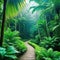 pathway in tropical rainforest with palm trees and path in