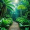 pathway in tropical rainforest with palm trees and path in