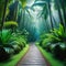 pathway in tropical rainforest with palm trees and path in