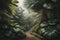 A pathway in tropical rainforest with palm trees and path in the mist. ai generative