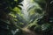 A pathway in tropical rainforest with palm trees and path in the mist. ai generative