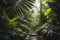 A pathway in tropical rainforest with palm trees and path in the mist. ai generative