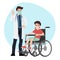 Patient boy sit on a wheel chair with primary care physician man at hospital office. Clinic appointment meeting with doctor,