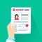 Patient card vector illustration, flat cartoon style doctor hand holding medical document with patient data or