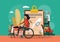 Patient with disability in wheelchair visiting doctor to put on prosthetic leg. Disabled health care vector illustration