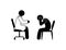 Patient at the doctor`s appointment, stickman sits at the table, stick figure