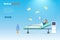 Patient in hospital bed with flying money, feeling worry with medical expenses. Idea for health insurance and financial investment