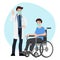 Patient man sit on a wheel chair with primary care physician man at hospital office. Clinic appointment meeting with doctor,