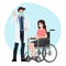 Patient man sit on a wheel chair with primary care physician woman at hospital office. Clinic appointment meeting with doctor,