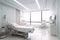 Patient room interior design, white colored modern hospital room, health care, medical and insurance concept background.