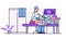 Patient visit doctor vector illustration, cartoon line woman character on medical procedure for scanning internal organs