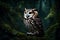 A patient, watchful owl perched in the heart of a dense, ancient forest, guardian of the night\\\'s secrets