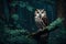 A patient, watchful owl perched in the heart of a dense, ancient forest, guardian of the night\\\'s secrets