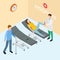 Patients and doctor on hospital. Isometric rehabilitation vector concept