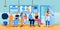 Patients queue at clinic reception. People in hospital waiting for family doctor consultation. Vector illustration