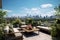 A patio featuring comfortable couches, tables, and a stunning view of the cityscape, A green rooftop terrace with comfortable