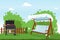 Patio flat vector illustration. Backyard of the house with BBQ, green lawn, trees and bushes. Veranda swing benchwith