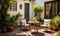 A patio with a table and chairs and potted plants