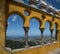 Patio of yellow castle Pena Palace romanticist castle sintra