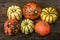 Patisson pumpkin lay on table outdoor background