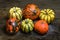 Patisson pumpkin lay on table outdoor background