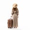 Patricia: Woman In Tan Dress With Suitcase - Stock Photo