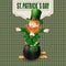 Patrick Day. Cheerful leprechaun green hat to the pot of gold coins. illustration
