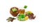 Patrick day coins clover meat snack stack of green liquor a glass of scotch whiskey with ice