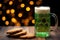 Patrick Day green beer on wooden tabletop and blurred green background in pub. Generative AI