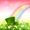 Patrick Day Rainbow on Pink Nature Background with Leprechaun Hat