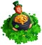 Patrick man among clover leaves holding big pot of gold coins. Four leaf clover great luck find treasure