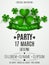 Patrick`s day party flyer. Clovers and ribbon banner with text. Festive template for your project. DJ abd club name. Club