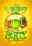Patrick`s day party poster with green and dark beer mugs and barrel