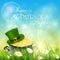 Patricks Day and green hat with gold of leprechaun in grass on s