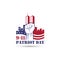 Patriot day logo, with a combination of twin tower buildings, American flags and clenched hands. using red and blue color