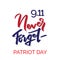 Patriot day typographic emblem. 9-11, Never Forget